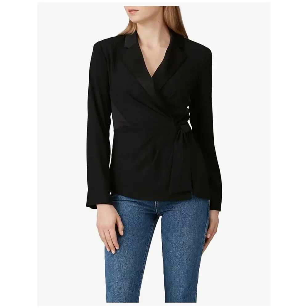 Diane von Furstenberg Lana Black Satin Trim Wrap Blazer Top Size 4
